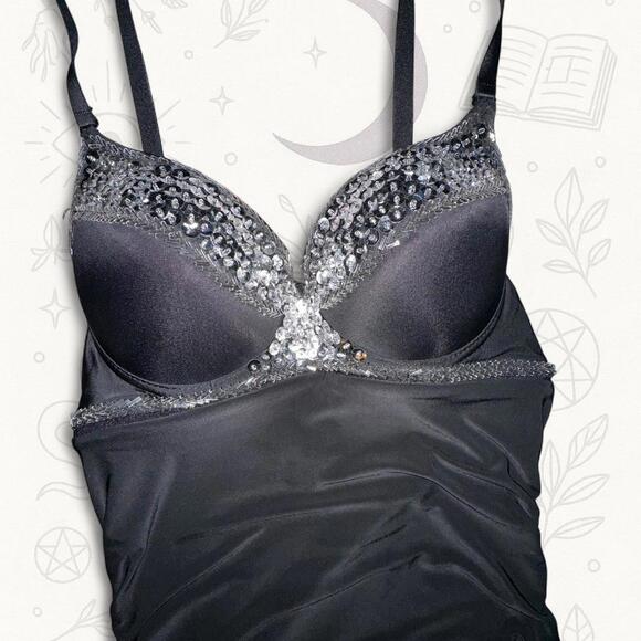 Janice Black Beaded Bodycon Dress Size Medium Y2K Ruched Club Mini Dress - Picture 7 of 7